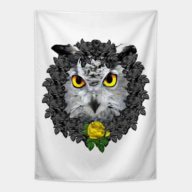 Owl Yellow Rose Wreath Tapestry by Nuletto