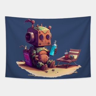 Cute, rusty robot having some snaks. No background. Tapestry