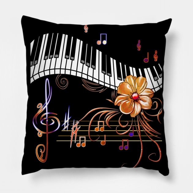 Piano Musically Gold Flower Pillow by KimLeex