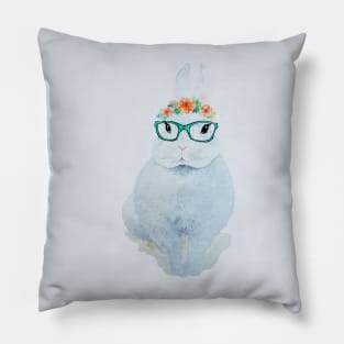 Watercolor Easter Bunny with Glasses and a Flower Crown Pillow