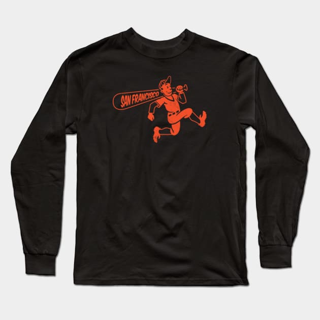 deadmansupplyco Vintage Running Baseball Player - San Francisco Giants (Orange San Francisco Wordmark) Long Sleeve T-Shirt