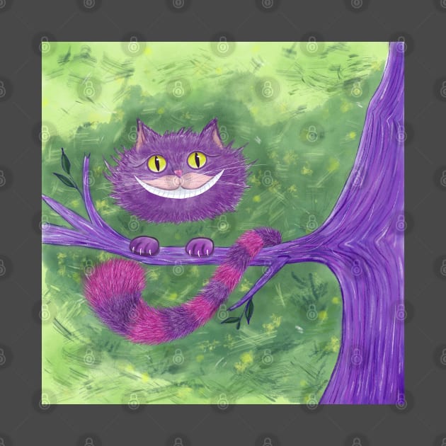 Smiling Cheshire Cat on a Tree Branch Digital Illustration by Wolshebnaja