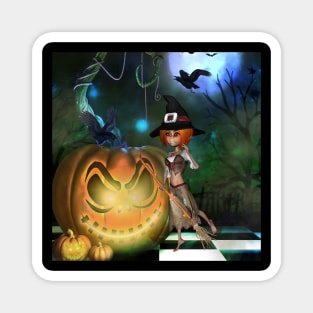Cute little witch with pumpkin in the night Magnet