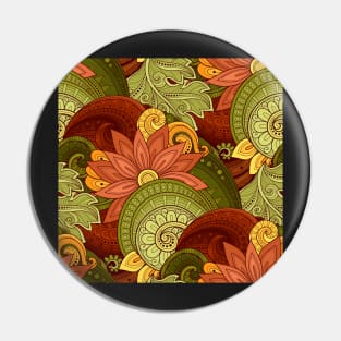 Colorful Pattern with Floral Motifs. Ornate Flowers, Leaves and Swirls Pin