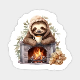 Christmas Sloth Drinking Coffee At Fireplace Magnet