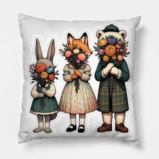 Floral Bouquet Trio - Charming Animal Friends Pillow