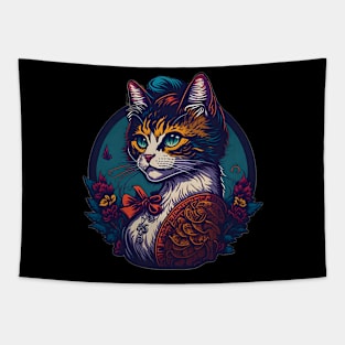 Blooming Elegance: Cartoon Lady Cat in Dress and Hat Amidst Flowers Tapestry