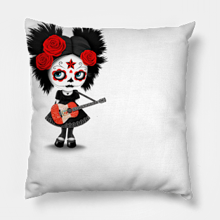 Sugar Skull Girl Playing Peruvian Flag Guitar Pillow