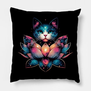 Colorful Abstract Cosmic Cat in Lotus Flower Pillow