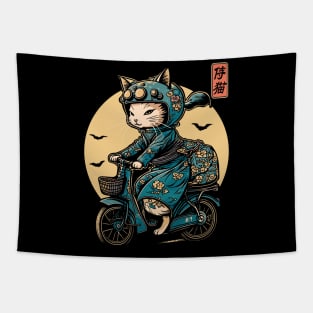 Japanese Samurai Cat on Motorcycle Kawaii Ninja Cat Tapestry