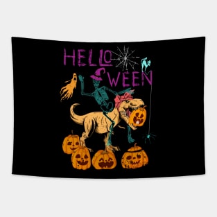 Skeleton Riding Dinosaur Messy Bun Halloween Tapestry