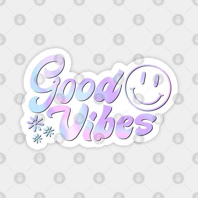 Groovy Good Vibes: 70s Holographic Text & Smiley Face Art Magnet by ShutterStudios