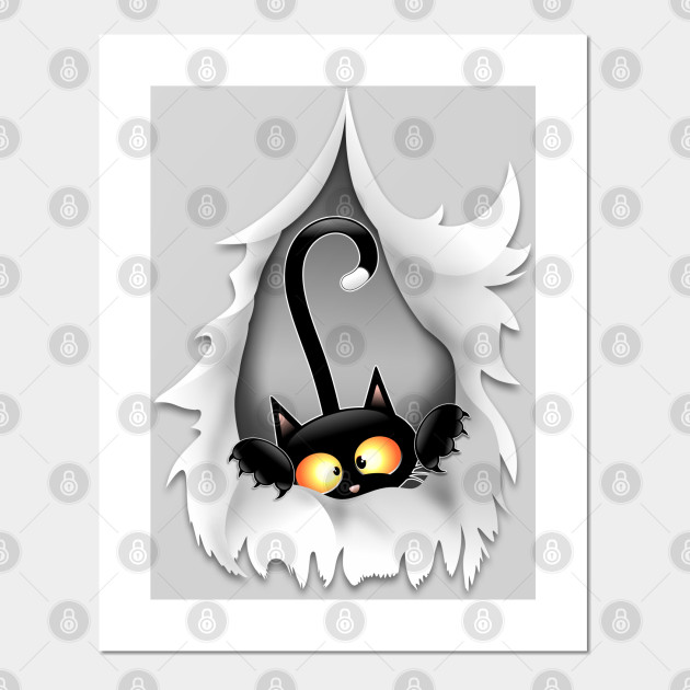 Fun Cat Cartoon In Ripped Fabric Hole Fun Cat Cartoon Posters