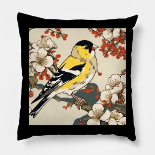 Vintage Goldfinch in Yellow Japanese Blossoms Bird Watching Dad Pillow