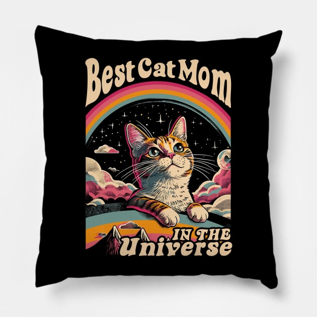 Best Cat Mom In The Universe 60s 70s Hippie Aesthetic Women Pillow by Apocatnipse Meow