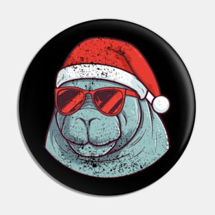 manatee in a Christmas hat distressed Pin