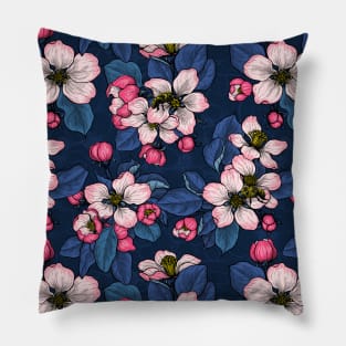 Apple blossom on dark blue Pillow