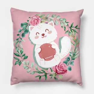 Cute Cat With Flowers and pink background Pillow