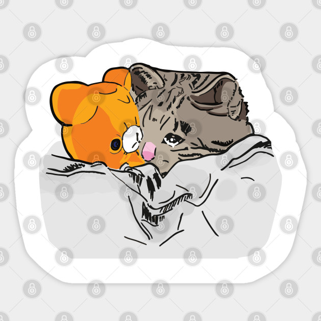 Sad Kitten Cat Crying Bed With Teddy Meme Cat Memes Aufkleber