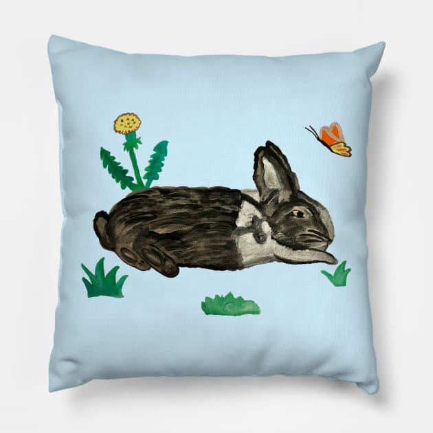 Rabbit with Butterfly and Dandelions Pink Painting Pillow by Anke Wonder 