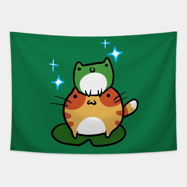 Green Frog and Orange Tabby Frog Tapestry by saradaboru