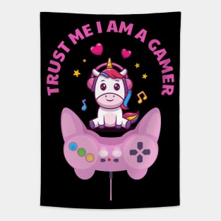 Trust Me I Am A Gamer - Light Pink Unicorn Design With Controller Tapestry