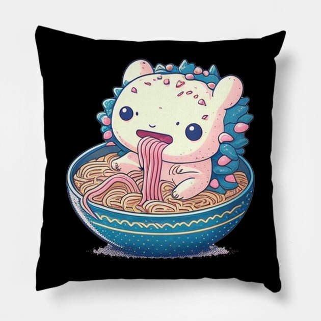 Cute Axolotl Eating Ramen Kawaii Retro Vintage 90s Vibes Pillow by HEAHLEEHAH