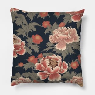 Japanese pink peony flower pattern, kimono design Pillow