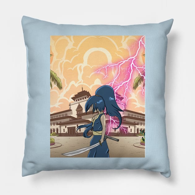 samurai girl with a big sword and avery astounding power of focus Pillow by Americ shopping 