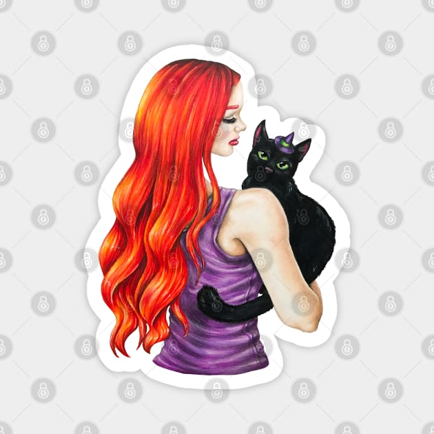 Halloween Cat and Girl Magnet by Lady Lilac