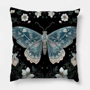 Mystical blue butterfly amidst art nouveau blossoms Pillow