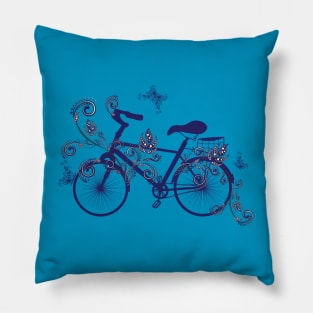 Bicycle and blue Floral Ornament Pillow