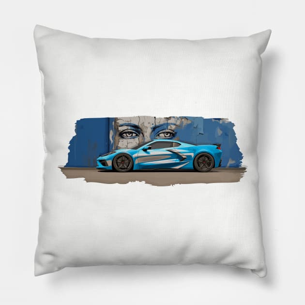 Rapid Blue C8 Corvette Stingray Supercar in front of a wall of graffiti with blue eyes looking back at you Sports car American Muscle car race car Pillow by Tees 4 Thee