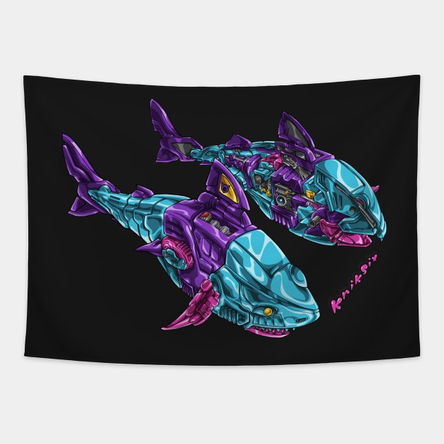 halved robot shark not in formaldehyde Tapestry by kriksix