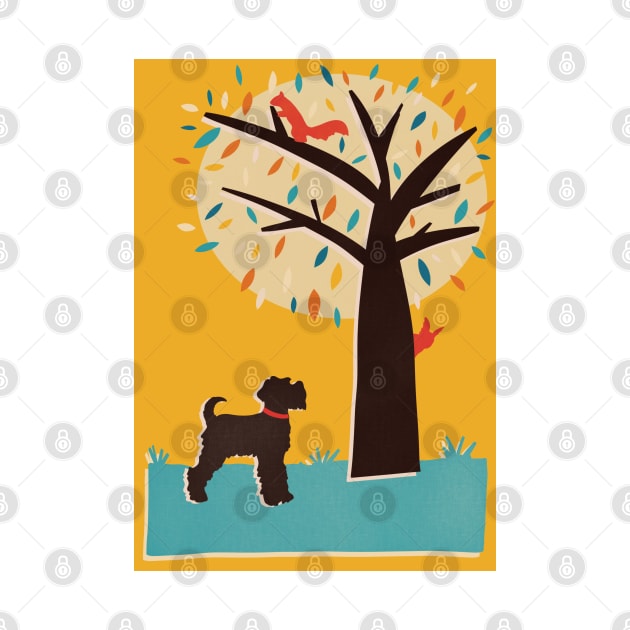 Miniature Schnauzer Dog watching Red Squirrels in a Tree by NattyDesigns