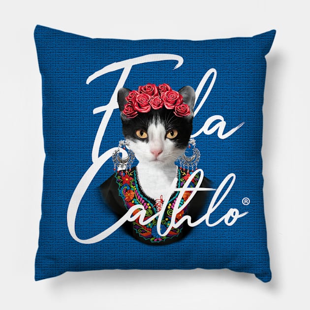 Blue TXW back Cat Frida Cathlo version of - Frida Kahlo Pillow by CatIsBlack