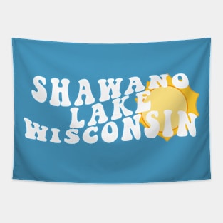 Sunshine in Shawano Lake Wisconsin Retro Wavy 1970s Summer Text Tapestry