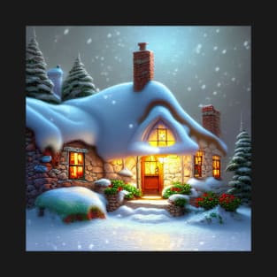 Magical Fantasy Cottage with Lights In A Snowy Scene, Scenery Nature T-Shirt