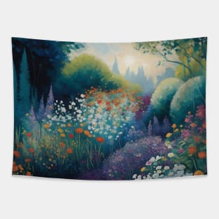 Magic meadow with spring blooming trees. Tapestry