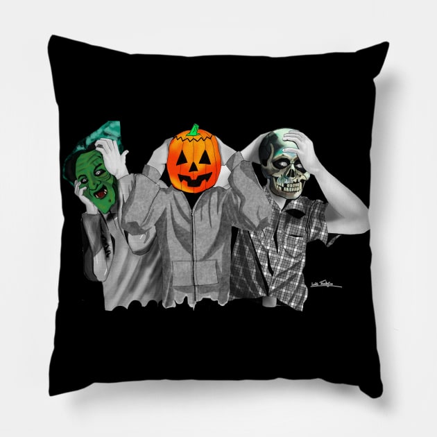 Halloween Mask Trio - colour splash Pillow by lucafon18