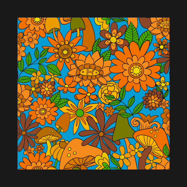 Brown, blue, orange, green, sixties seventies floral by Kimmygowland