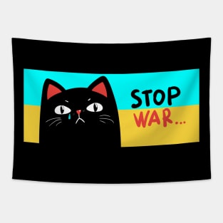 Stop war banner, poster, flyer, card, print design with grumpy black cat Tapestry