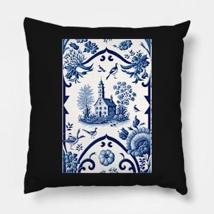 Floral Garden Botanical Print with Delft Blue and White Pillow