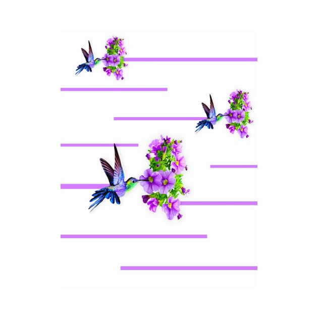 Hummingbirds and purples flowers on white by YamyMorrell