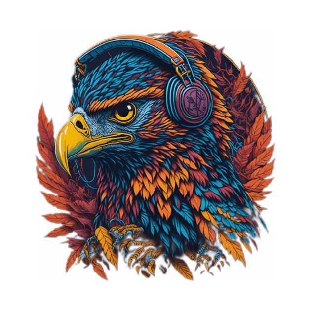 Digital AI Art Hawk Animal Wearing Headphones by AubreyButtaApparel