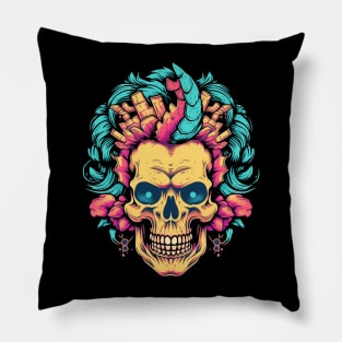 Skull with Flowers and Vaporwave Colors Pillow