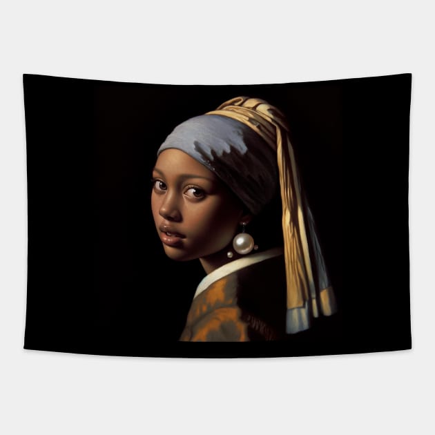 Vermeer's Pearl Earrings Reimagined: Celebrating Black Beauty for Black History Month Tapestry by Edd Paint Something