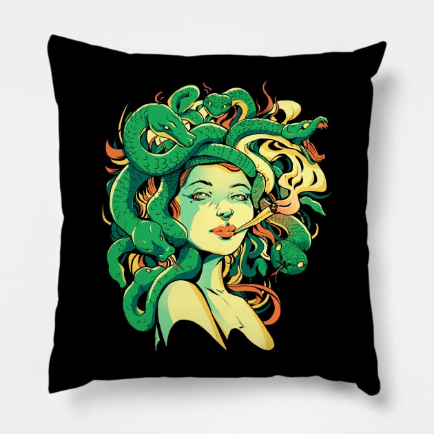 Sexy Medusa Smoking Greek Mythology Snakes Pillow by Visual Vibes