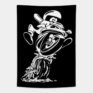 Sportbike motorcycle with a funny biker popping a wheelie cartoon illustration Tapestry