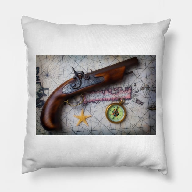 Pirate Pistole On Old Map Pillow by photogarry